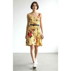 ModCloth Yellow Houndstooth Floral Fit & Flare Dress Size XS Belted Cotton Retro